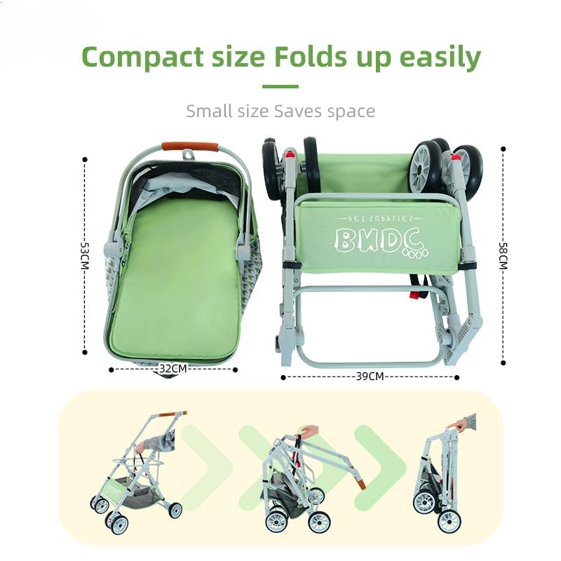 Pet Stroller, Foldable Travel Reinforced Aluminium Frame Detachable Pet Stroller 3 in 1 for Cats and Dogs (Green)
