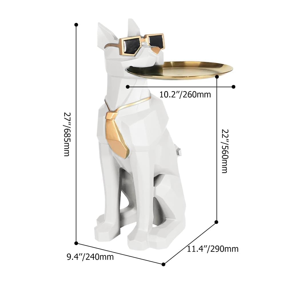 homary Modern Resin Dog Sculpture Geometric Standing Statue Cute End Side Table with Metal Storage Tray Tissue Box (White)