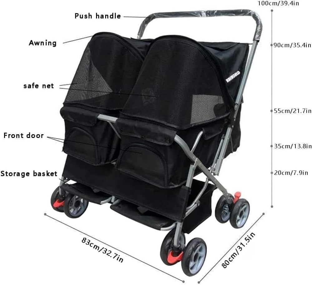Pet Cat Stroller Double Seat Dog Prams Pushchairs for Medium Small Dogs Dog Stroller for 2 Dogs Double pram Pet Strollers Easy to Fold and Save Spacem -Rose Red