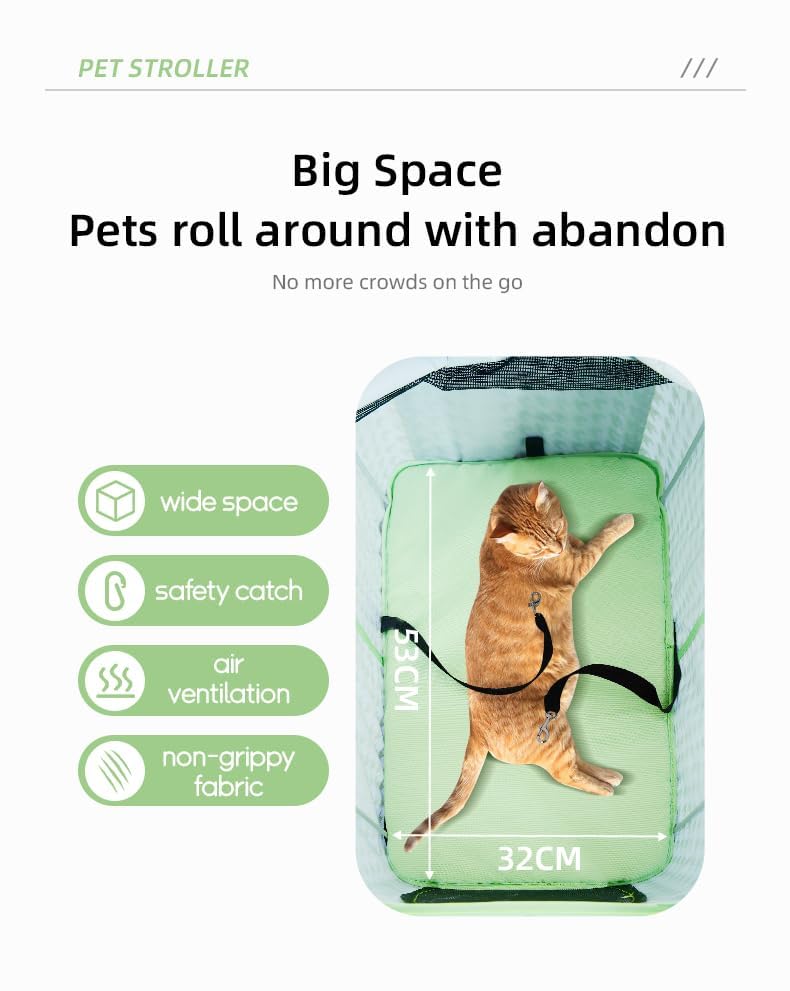 Pet Stroller, Foldable Travel Reinforced Aluminium Frame Detachable Pet Stroller 3 in 1 for Cats and Dogs (Green)