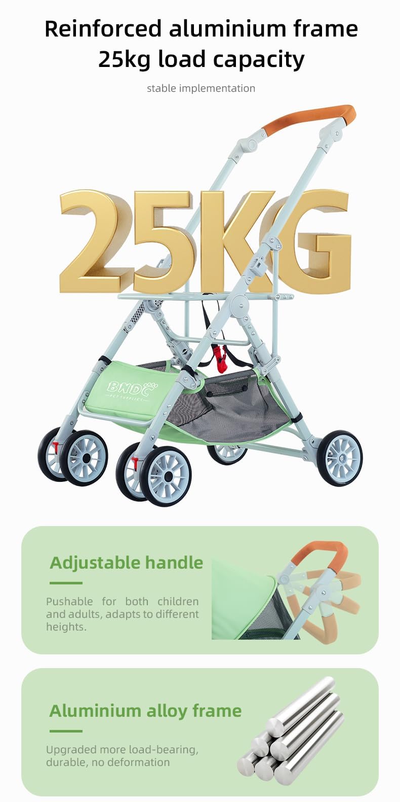 Pet Stroller, Foldable Travel Reinforced Aluminium Frame Detachable Pet Stroller 3 in 1 for Cats and Dogs (Green)