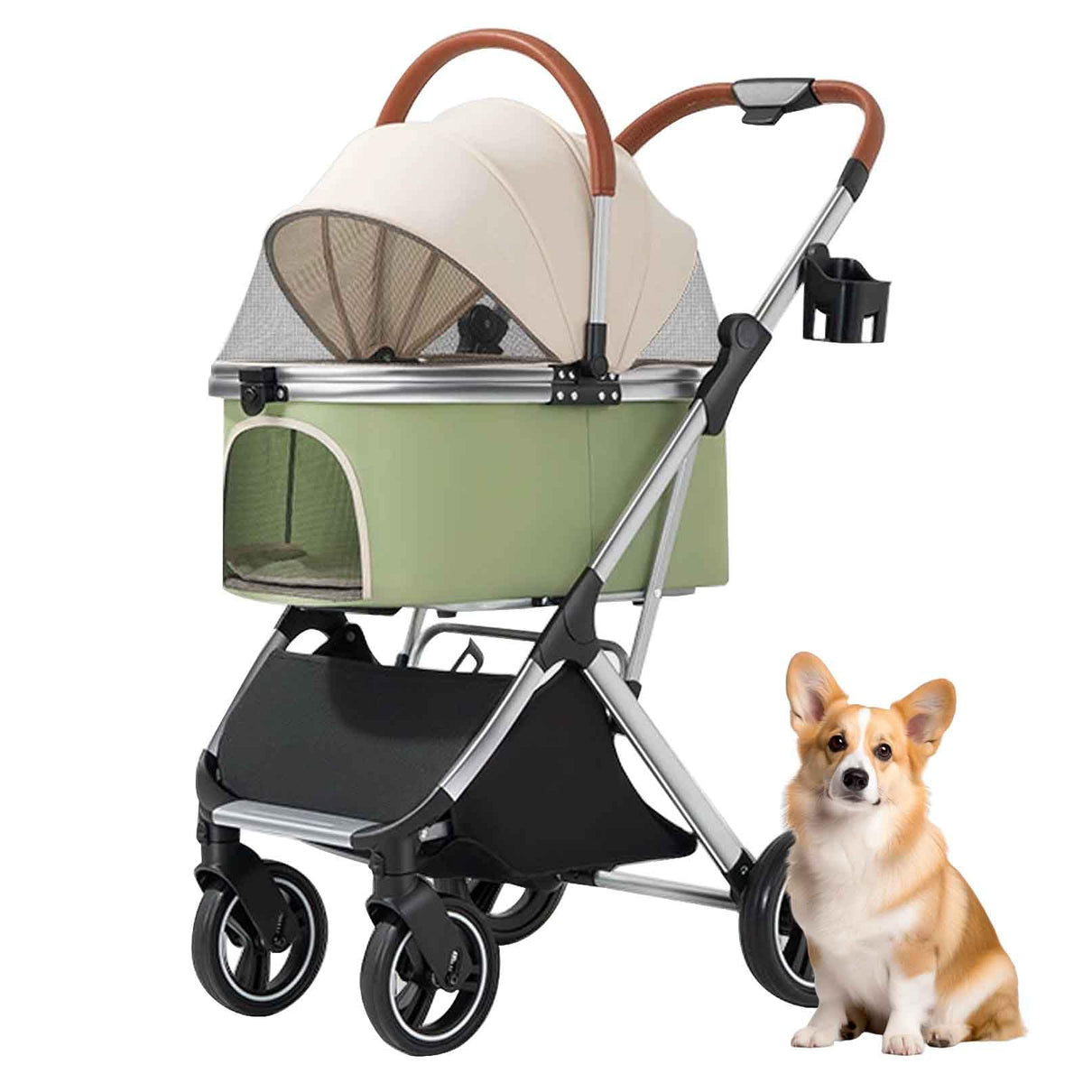 Foldable Pet Stroller, 3 in 1 Dog Stroller with Removable Carrier, 4 Wheels Cat Strollers with Cup Holder and Storage Basket for Small Medium Dogs and Cats,Green
