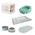 Dog Crate + Orthopedic Pet Bed + Crate Pad + Pet Bowls + Food Mat - Collapsible Pet Crate with Pad and Orthopedic Bed for Pets up to 25 Lbs - Includes (2) Bowls and a Silicone Mat - Medium