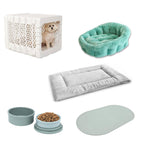 Dog Crate + Orthopedic Pet Bed + Crate Pad + Pet Bowls + Food Mat - Collapsible Pet Crate with Pad and Orthopedic Bed for Pets up to 25 Lbs - Includes (2) Bowls and a Silicone Mat - Medium