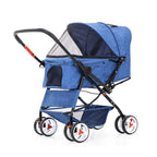 Cat/Dog Stroller Easy One-Hand Fold, 4 Wheel for Medium Small Dogs Clearance, Reversible Push Handle Pet Stroller Puppy & Kitten Carrier Extended Cockpit(Blue)