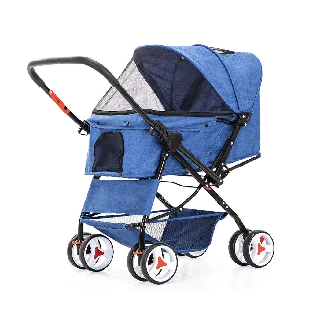 Cat/Dog Stroller Easy One-Hand Fold, 4 Wheel for Medium Small Dogs Clearance, Reversible Push Handle Pet Stroller Puppy & Kitten Carrier Extended Cockpit(Blue)