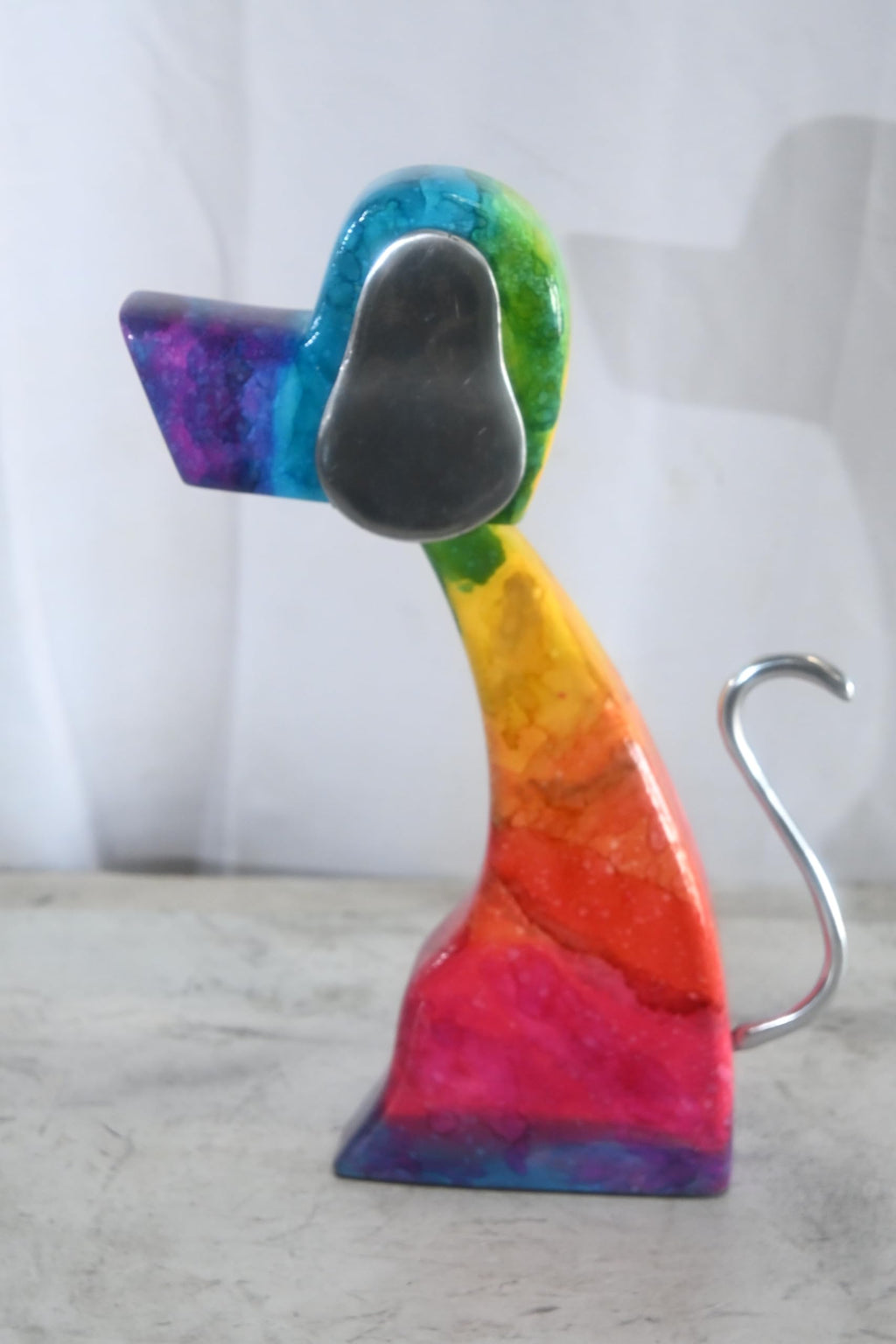 NIFAO Abstract Rainbow Painted Wood Dog Figurine Aluminum Ears 8"x2"x15"H