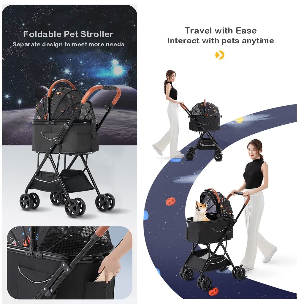 Pet Stroller Carriage for Small Medium Dogs/Cats Dog and Cat Stroller Carrier Separable Dogs Pram Stroller 4 Wheel Buggy Pushchairs Lightweight Folding Travel (Khaki)