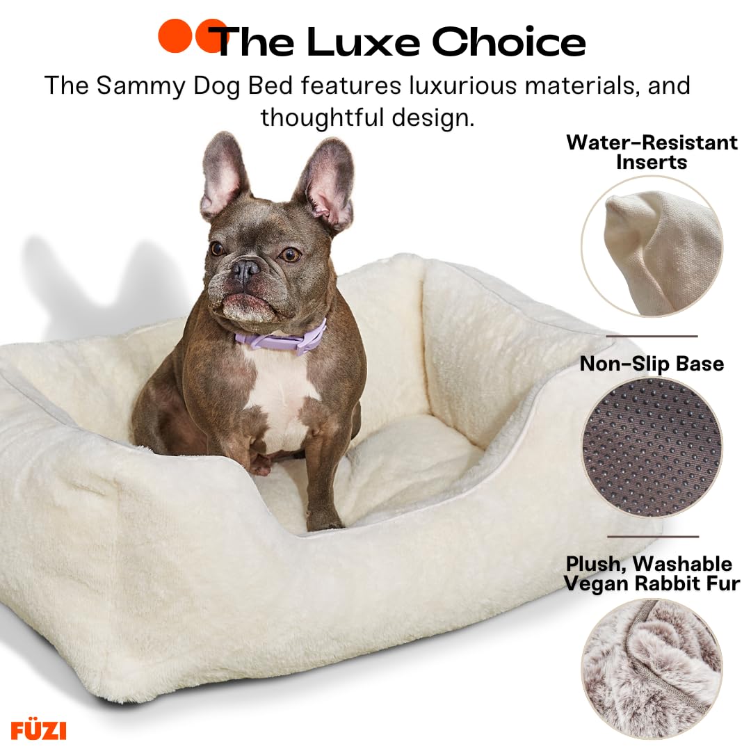 FUZI Luxury Aesthetic Dog Bed for Medium Dogs with Washable Cover, Pet Couch, Pet Bed with Sides, Non-Slip Bottom, Soft and Durable Calming Dog Bed, Faux Rabbit Fur, Medium 31.75x23.6x9.5 Soft White