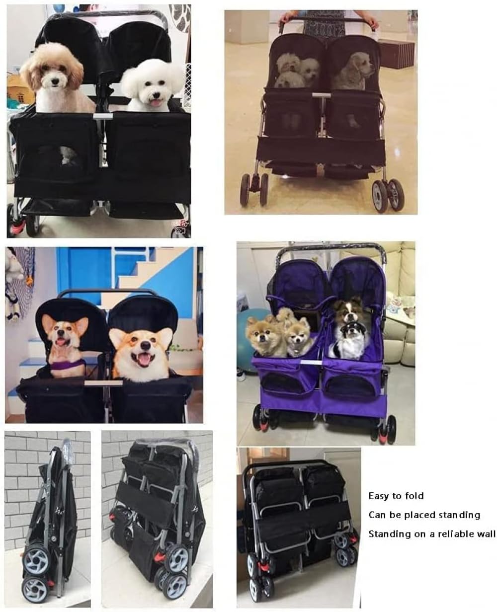 Pet Cat Stroller Double Seat Dog Prams Pushchairs for Medium Small Dogs Dog Stroller for 2 Dogs Double pram Pet Strollers Easy to Fold and Save Spacem -Rose Red