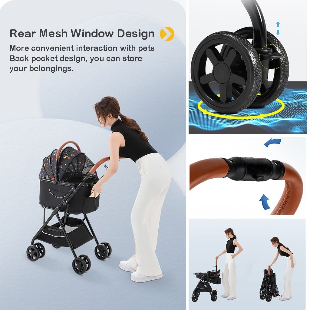 Pet Stroller Carriage for Small Medium Dogs/Cats Dog and Cat Stroller Carrier Separable Dogs Pram Stroller 4 Wheel Buggy Pushchairs Lightweight Folding Travel (Khaki)