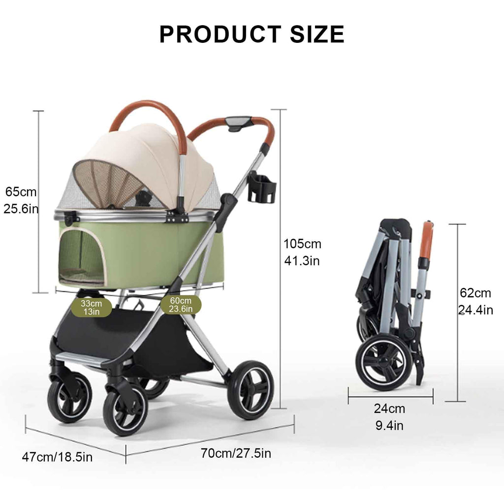 Foldable Pet Stroller, 3 in 1 Dog Stroller with Removable Carrier, 4 Wheels Cat Strollers with Cup Holder and Storage Basket for Small Medium Dogs and Cats,Green