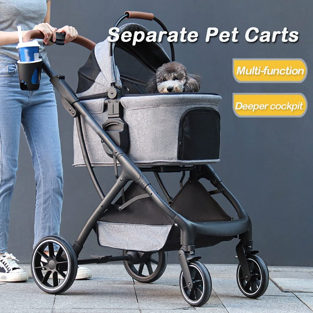 Pet Cat Stroller Foldable Multiple Dog Prams Pushchairs for Small Dogs with Cup Holder, Cat Stroller Dog Pram Buggy Detachable Pet Strollers for Small and Medium Dogs (Light Grey)