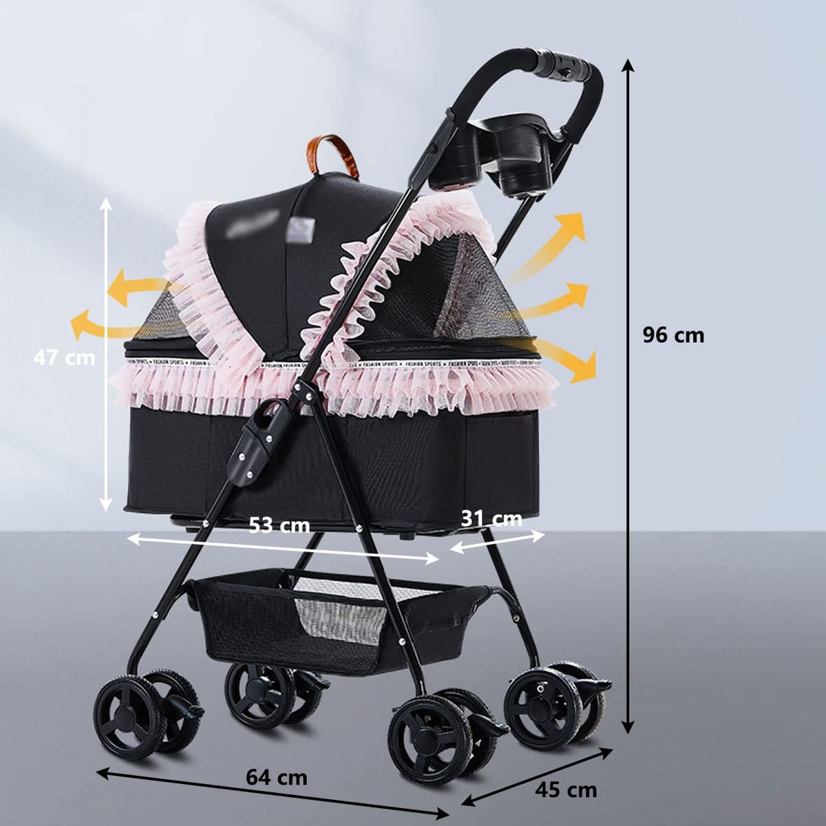 Pet Stroller for Small Medium Dog Cat 3-in-1 Detachable Puggy Carrier Bag Car Seat All-Round Visible and Breathable Windows for Wider Vision Easy One-Hand Fold Up to 12 Kg / 26 Pounds ( Color : Pink )