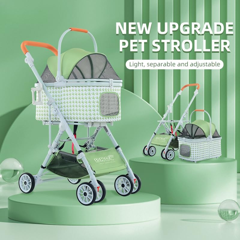 Pet Stroller, Foldable Travel Reinforced Aluminium Frame Detachable Pet Stroller 3 in 1 for Cats and Dogs (Green)