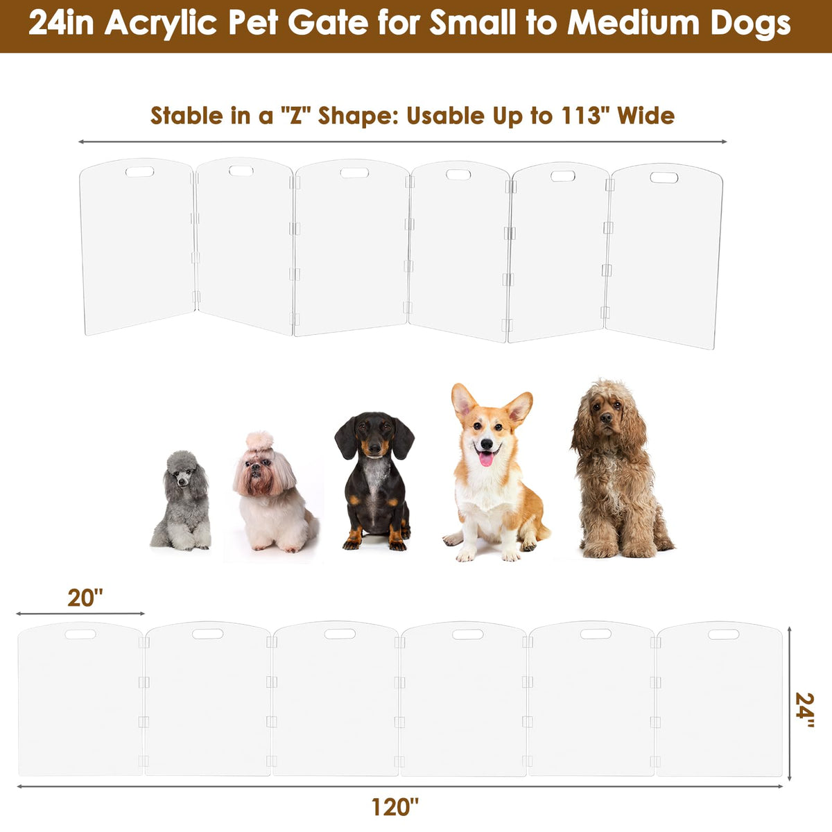 Modern Frame Clear Acrylic Freestanding Pet Gate - 24" High Extra-Wide Folding 6-Panel Dog Barrier for Doorways, Stairs & Large Openings, Indoor Fence for Dogs, Puppies & Cats