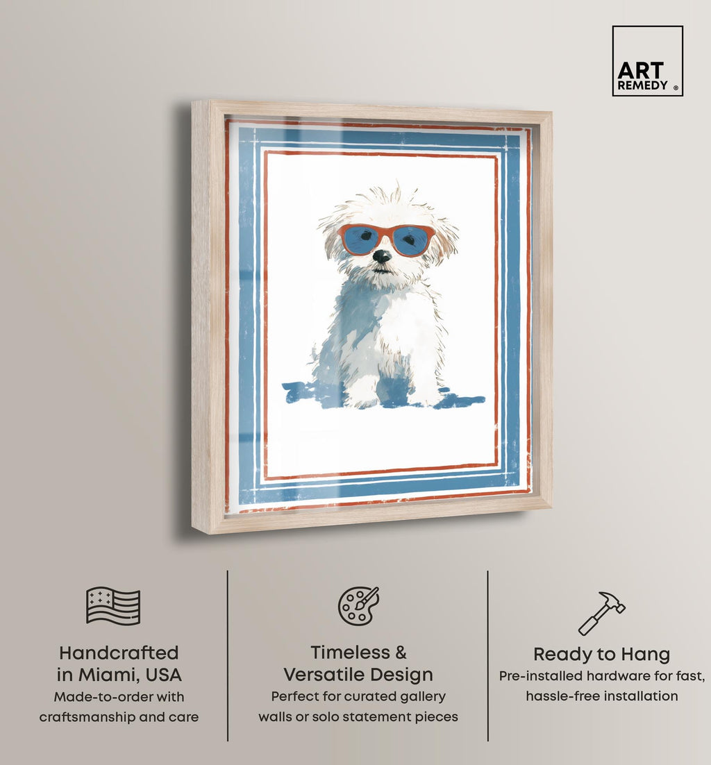 Cool Dog with Sunglasses IV Shadowbox Print Fun Dog Wall Decor by Art Remedy, Blonde Frame, 36 x 45
