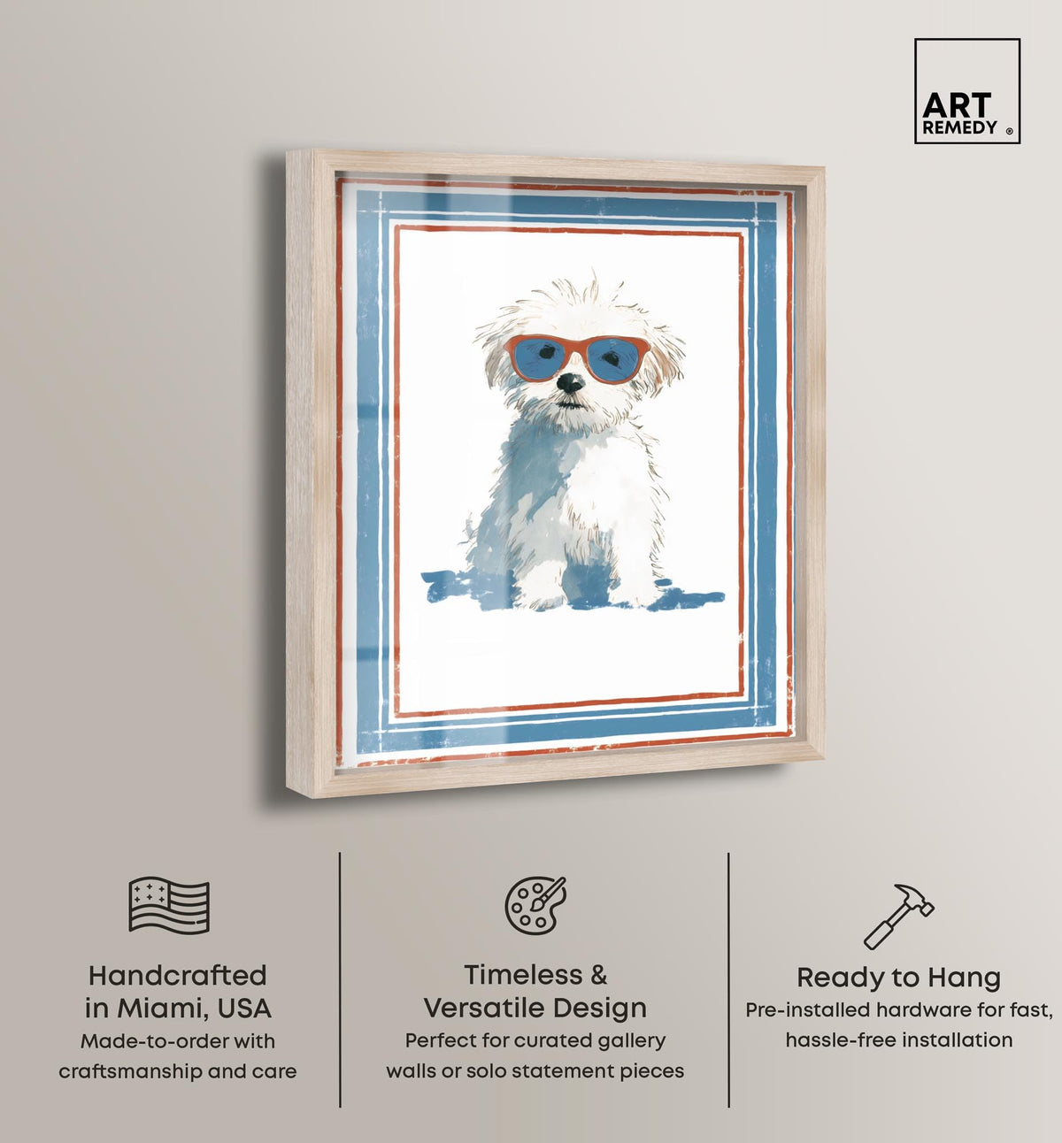 Cool Dog with Sunglasses IV Shadowbox Print Fun Dog Wall Decor by Art Remedy, Blonde Frame, 36 x 45