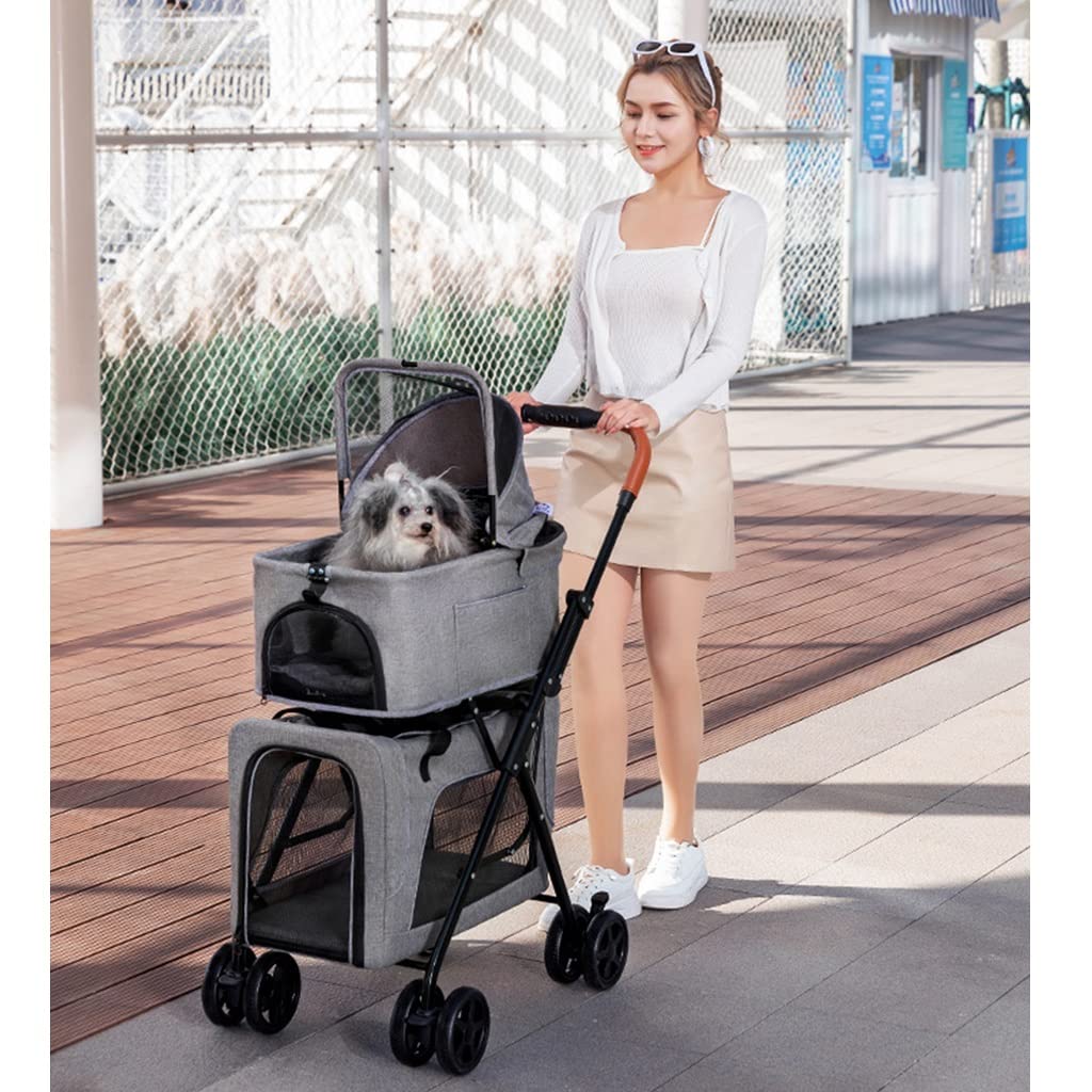 2 Layer Pet Travel Stroller Breathable Dog Pram Pushchair Cage, Double Layer Dog Stroller for 2 Dogs/Cats, Dog Strollers Foldable Pet Cat Carriage for Twin Or Multiple (Gray A)