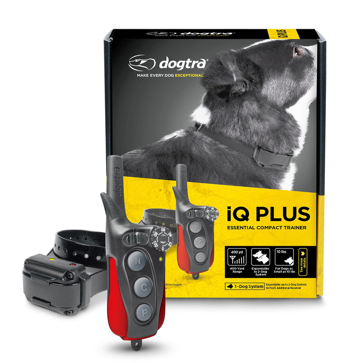Dogtra iQ Plus Dog Training Collar with Remote for Dogs 10 lbs and Up, 400 Yard Range Rechargeable E Collar, 100 Levels, Nick, Constant, Pager Vibration, IPX9K Waterproof Receiver, 2 Dog Expandable