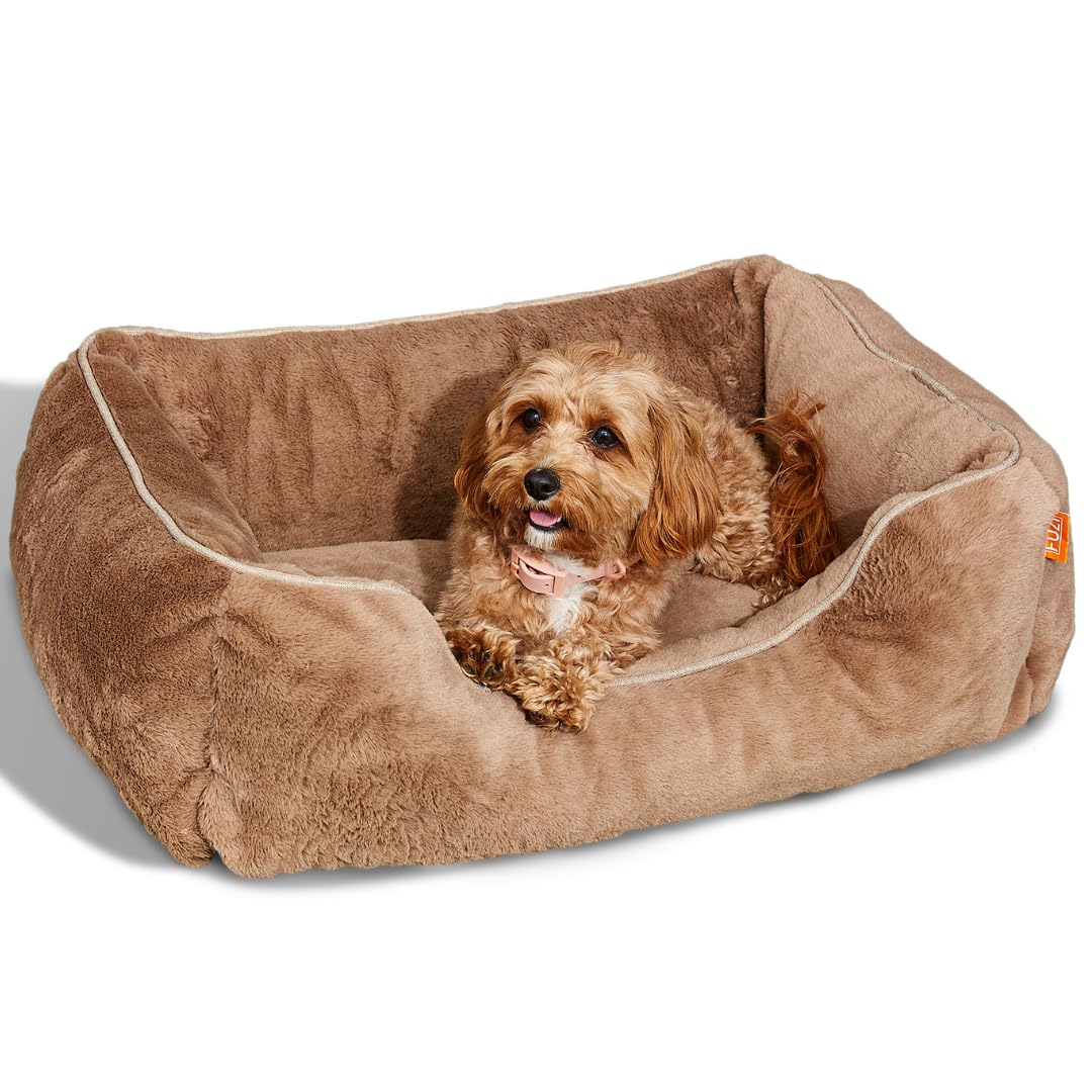 FUZI Luxury Aesthetic Dog Bed for Medium Dogs with Washable Cover, Pet Couch, Pet Bed with Sides, Non-Slip Bottom, Soft and Durable Calming Dog Bed, Faux Rabbit Fur, Medium 31.75x23.6x9.5 Soft White