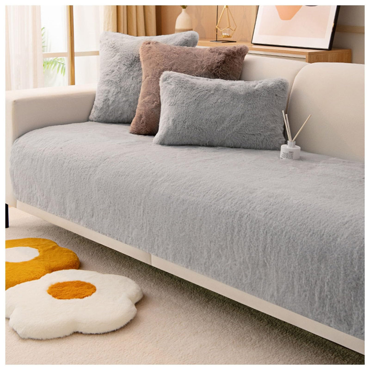 Non Slip Sofa Cover Plush Rabbit Eco Friendly Sofa Cover for L Shape Sofas 1/2/3/4 Seater Dog Owners (Light Grey, 110 x 63 cm)