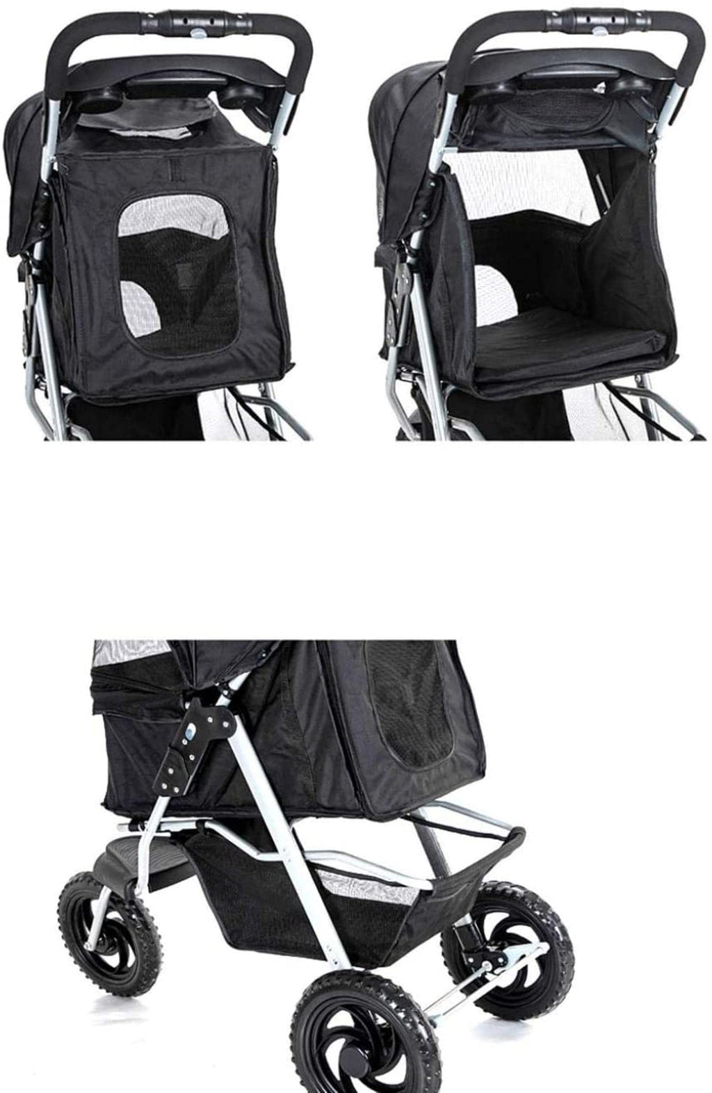 Pet Stroller Medium Dog Storage Basket & Cup Holder 3 Wheels Foldable Shockproof Trolley Carrier with Removable Liner (Grey)