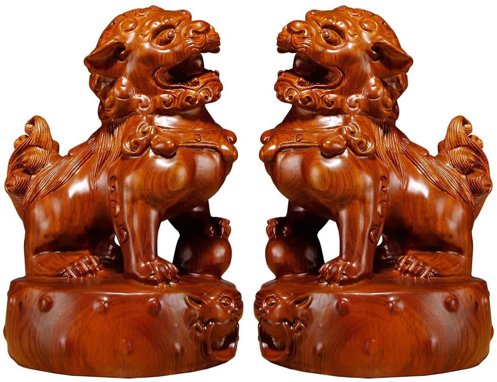 A Pair Solid Wood Carved Feng Shui Fu Foo Dog Guardion Door Lion, Best Housewarming Congratulatory Gift to Ward Off Evil Energy