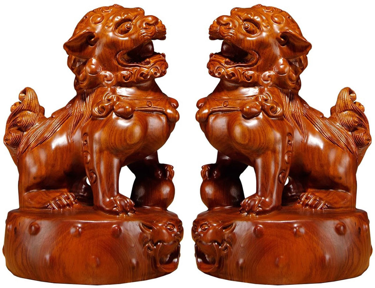A Pair Solid Wood Carved Feng Shui Fu Foo Dog Guardion Door Lion, Best Housewarming Congratulatory Gift to Ward Off Evil Energy