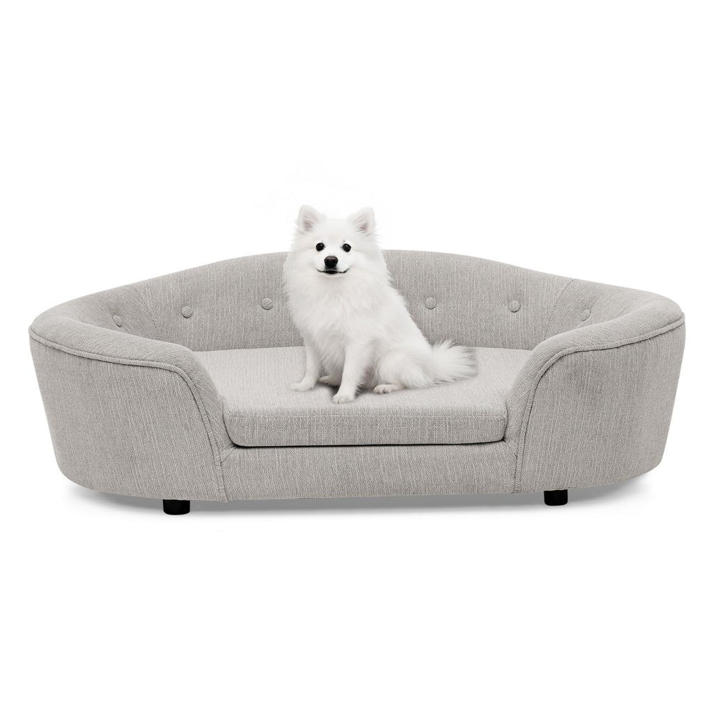 Oversized Size Oval Semi-Enclosed Dog Sofa - Durable Linen Material, Button-Tufted Backrest, High-Center Low-Sides Support & Plush Comfort-Beige