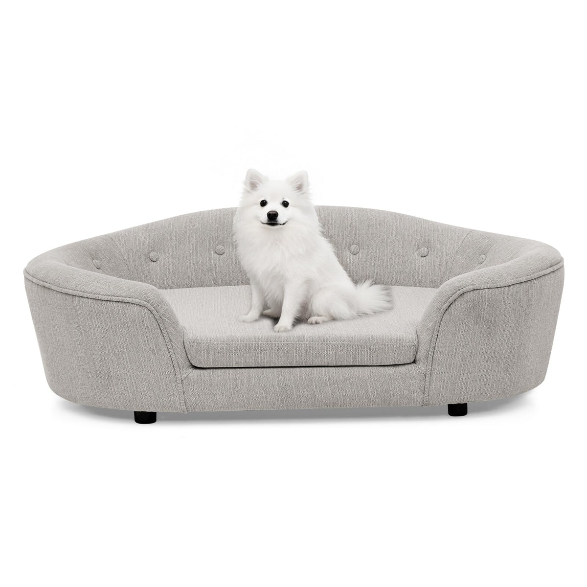 Oversized Size Oval Semi-Enclosed Dog Sofa - Durable Linen Material, Button-Tufted Backrest, High-Center Low-Sides Support & Plush Comfort-Beige