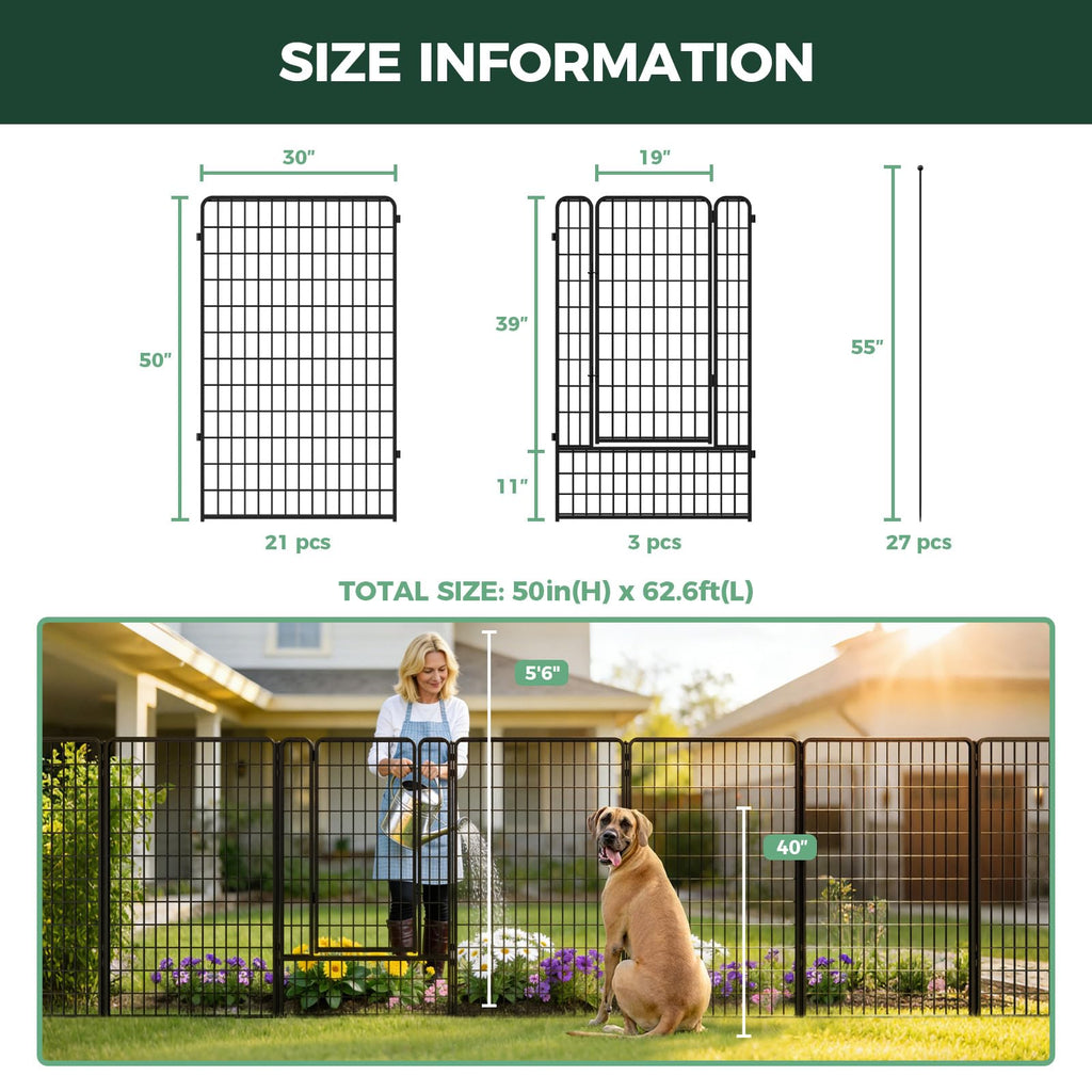FXW No Dig Garden Fence, Outdoor for Yard, 50in(H) x 62.6ft(L), 24 Panels