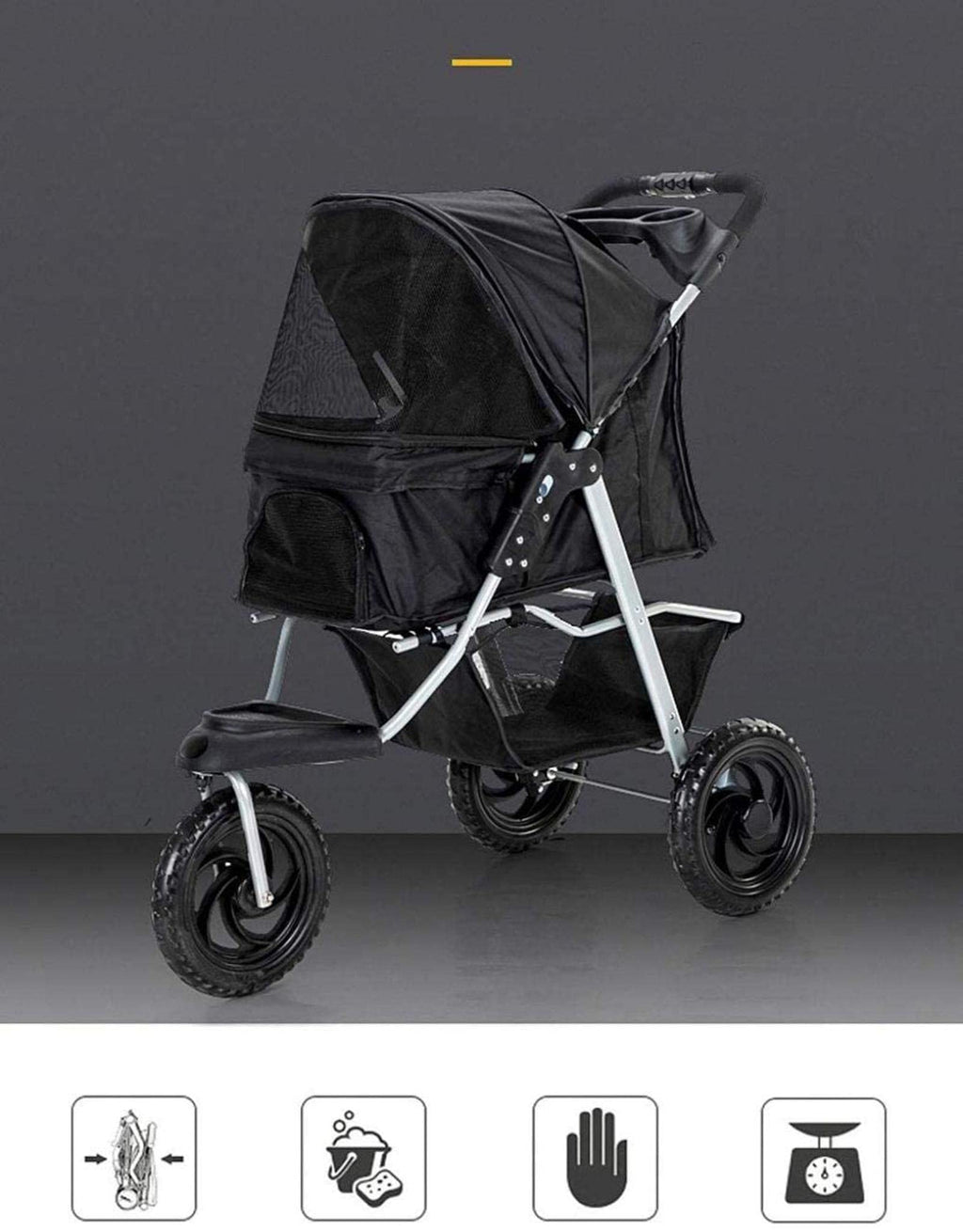 Pet Stroller Medium Dog Storage Basket & Cup Holder 3 Wheels Foldable Shockproof Trolley Carrier with Removable Liner (Grey)