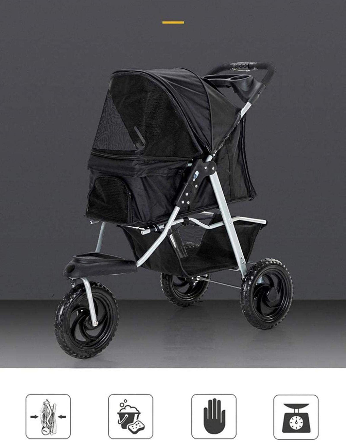 Pet Stroller Medium Dog Storage Basket & Cup Holder 3 Wheels Foldable Shockproof Trolley Carrier with Removable Liner (Grey)