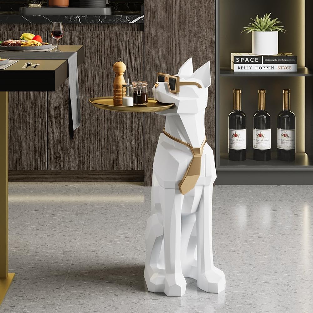 homary Modern Resin Dog Sculpture Geometric Standing Statue Cute End Side Table with Metal Storage Tray Tissue Box (White)