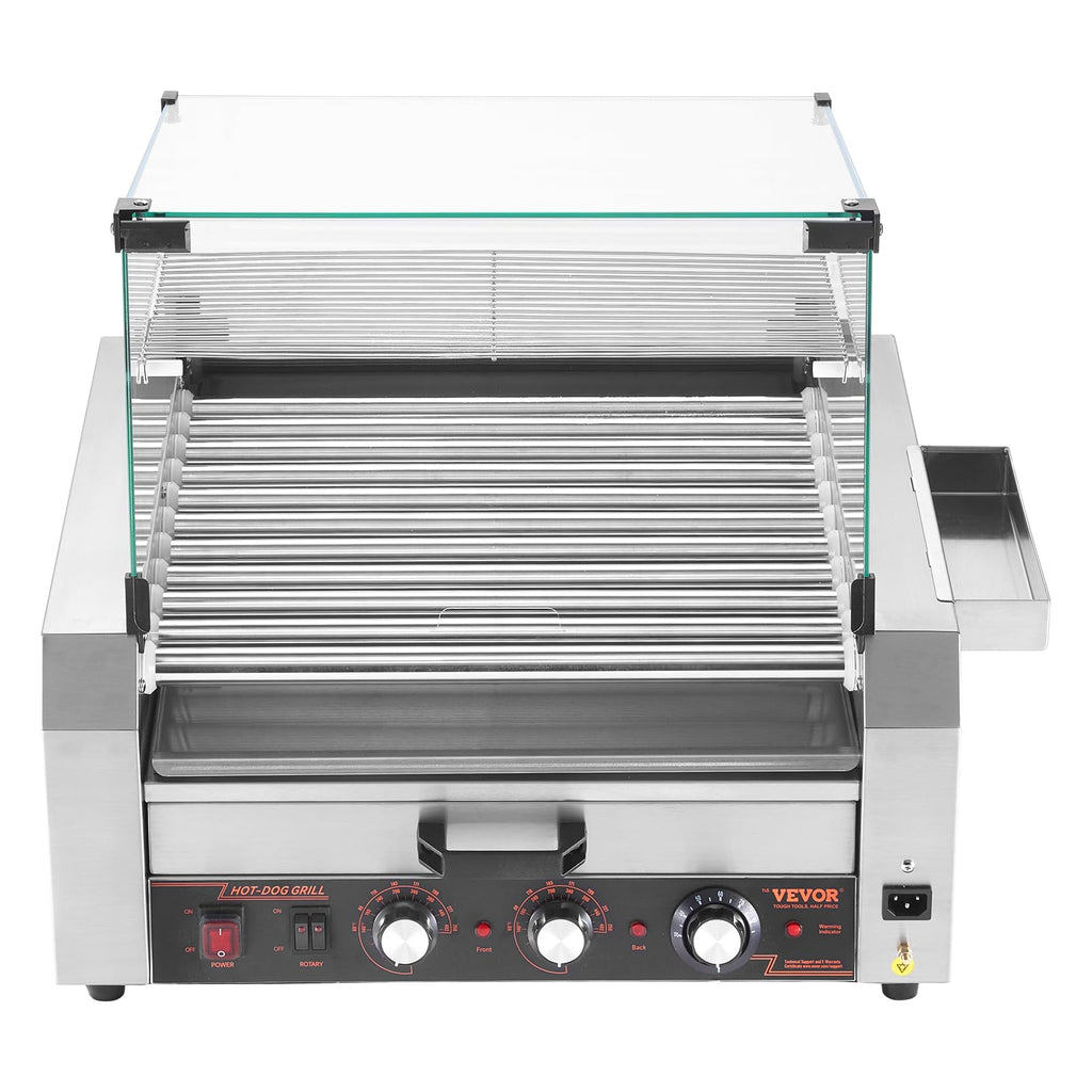 VEVOR Hot Dog Roller, 30 Hot Dog 11 Rollers, Stainless Steel Sausage Grill Cooker, 1950W Hot Dog Machine with Bun Warmer, Cover, 3 Temp Control, Side Storage Box, Oil Drip Tray, for Home & Commercial