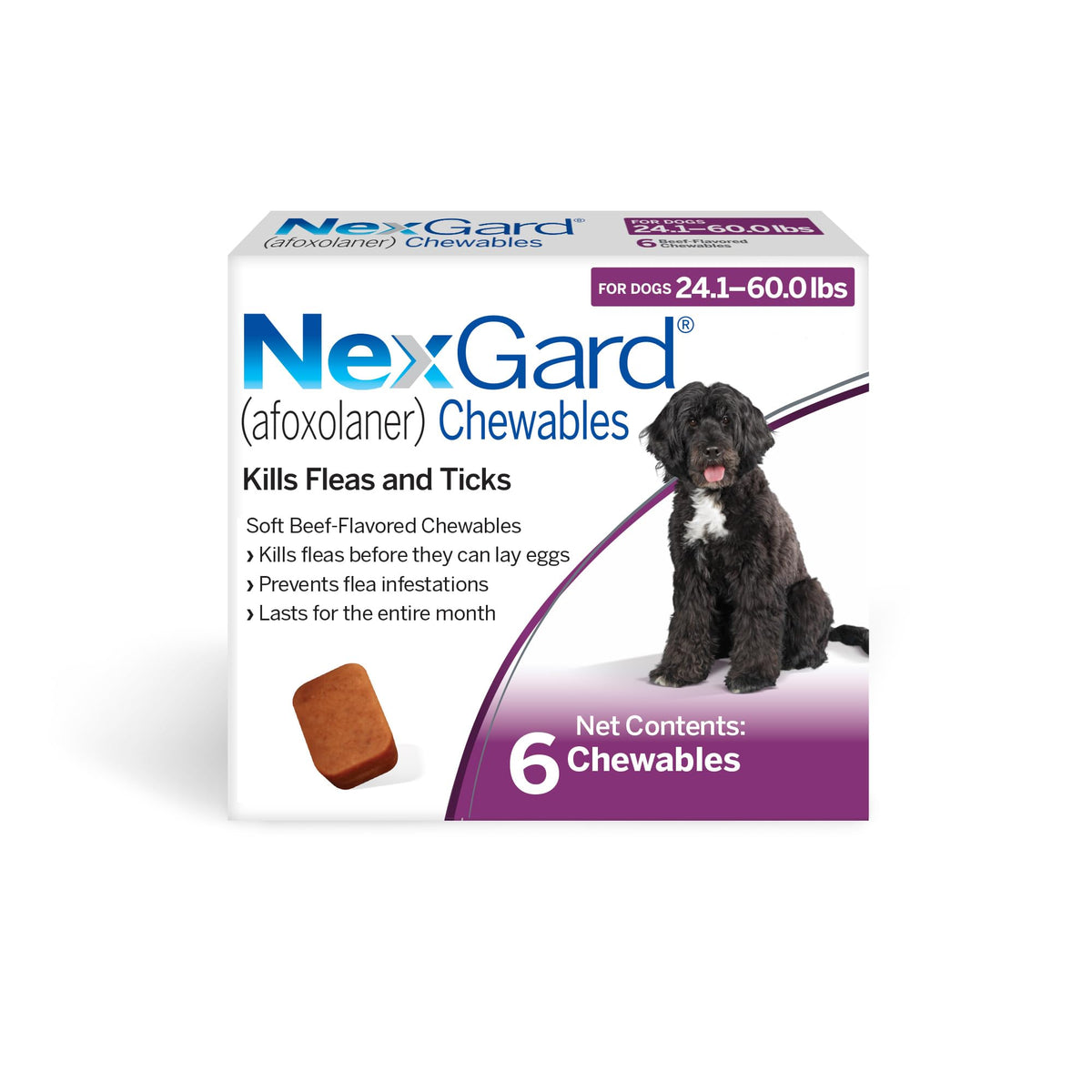 NexGard® (afoxolaner) Flea and Tick Protection for Dogs Oral Soft Beef Flavored Chewables, 24.1 to 60 lbs. (Purple Box) 6 Chews (6 Month Supply)