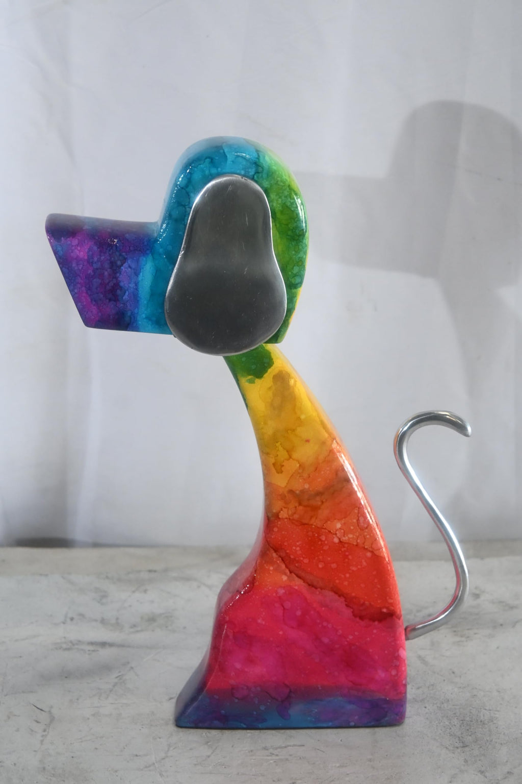 NIFAO Abstract Rainbow Painted Wood Dog Figurine Aluminum Ears 8"x2"x15"H