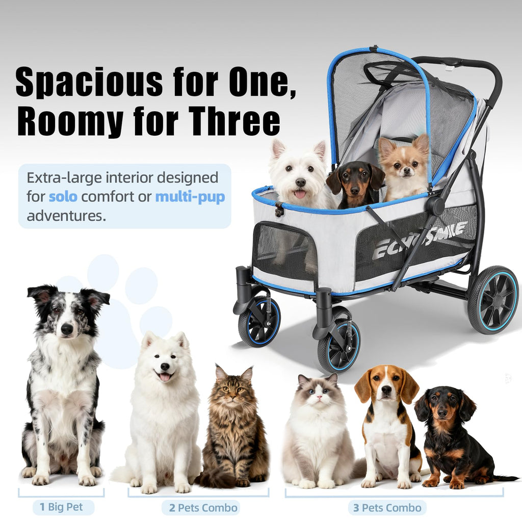 EchoSmile Dog Stroller for Large Dogs, 135lbs Weight Extra Large Pet Stroller, 4 Wheels Cats & Dogs Carrier with Brakes, Breathable Mesh Windows & Pocket, Blue