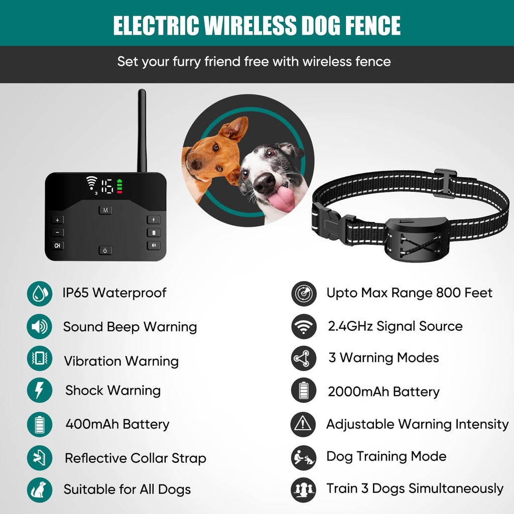 ABHY Wireless Dog Collar Fence System, Electric Fence for Dogs, Waterproof Perimeter Dog Collar Remote Training Collar with Wireless Adjustable Vibration & Shock，Suitable for Large and Medium Dogs