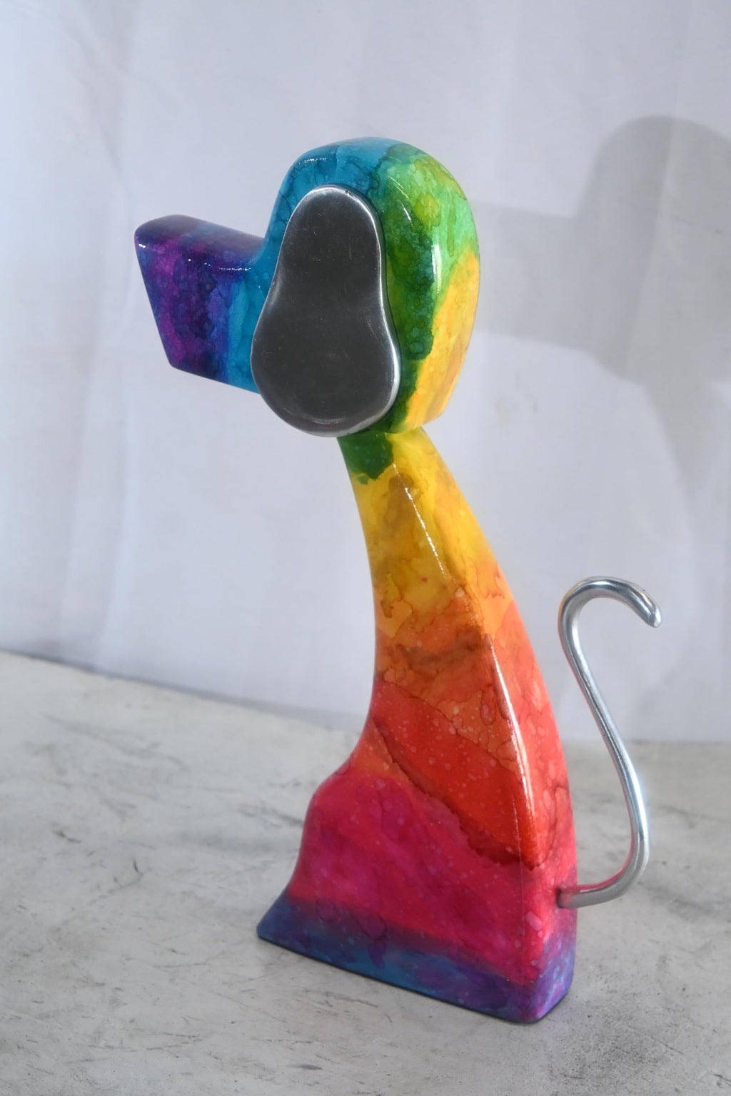 NIFAO Abstract Rainbow Painted Wood Dog Figurine Aluminum Ears 8"x2"x15"H