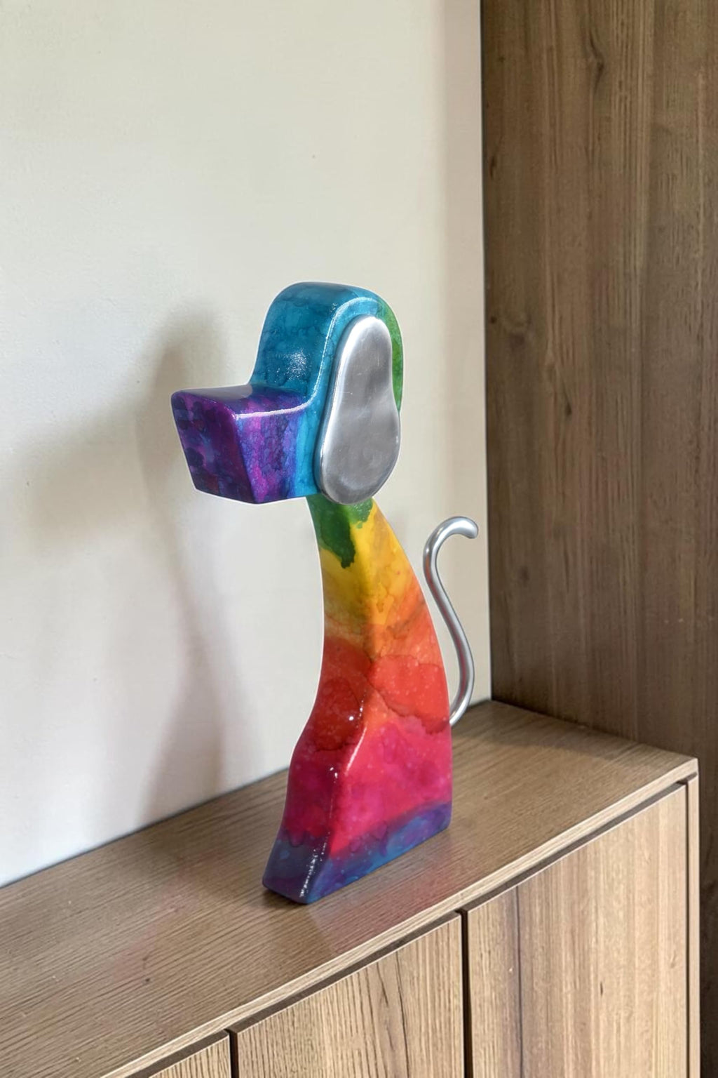 NIFAO Abstract Rainbow Painted Wood Dog Figurine Aluminum Ears 8"x2"x15"H