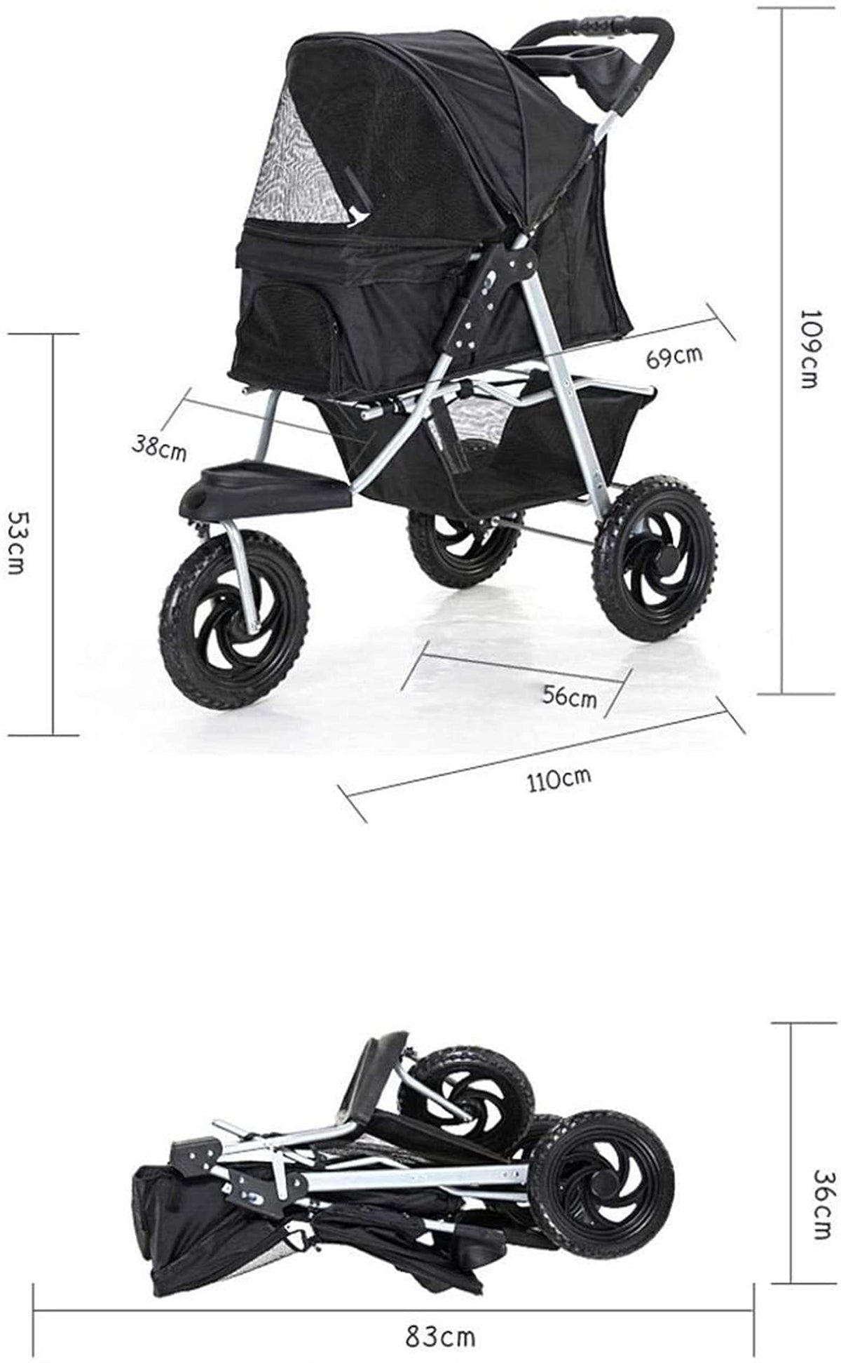 Pet Stroller Medium Dog Storage Basket & Cup Holder 3 Wheels Foldable Shockproof Trolley Carrier with Removable Liner (Grey)