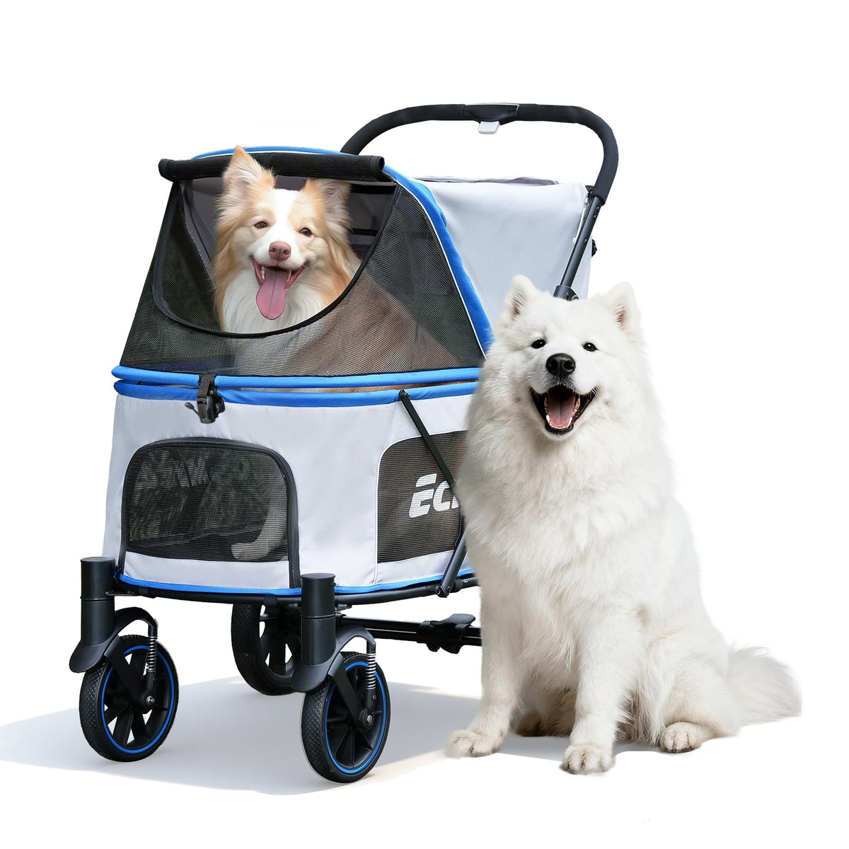 EchoSmile Dog Stroller for Large Dogs, 135lbs Weight Extra Large Pet Stroller, 4 Wheels Cats & Dogs Carrier with Brakes, Breathable Mesh Windows & Pocket, Blue