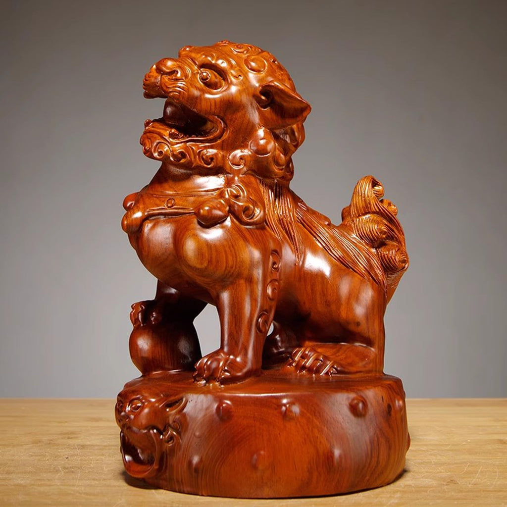 A Pair Solid Wood Carved Feng Shui Fu Foo Dog Guardion Door Lion, Best Housewarming Congratulatory Gift to Ward Off Evil Energy