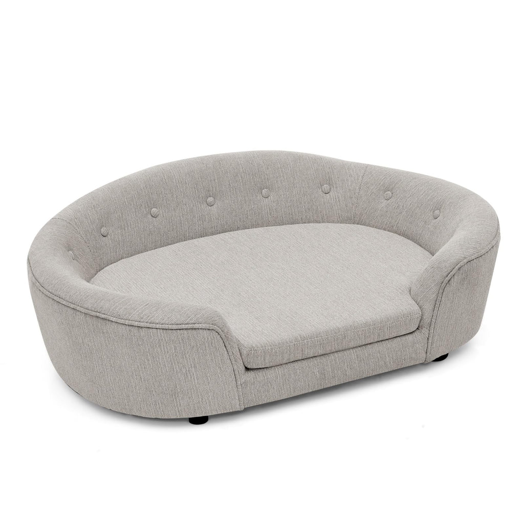 Oversized Size Oval Semi-Enclosed Dog Sofa - Durable Linen Material, Button-Tufted Backrest, High-Center Low-Sides Support & Plush Comfort-Beige