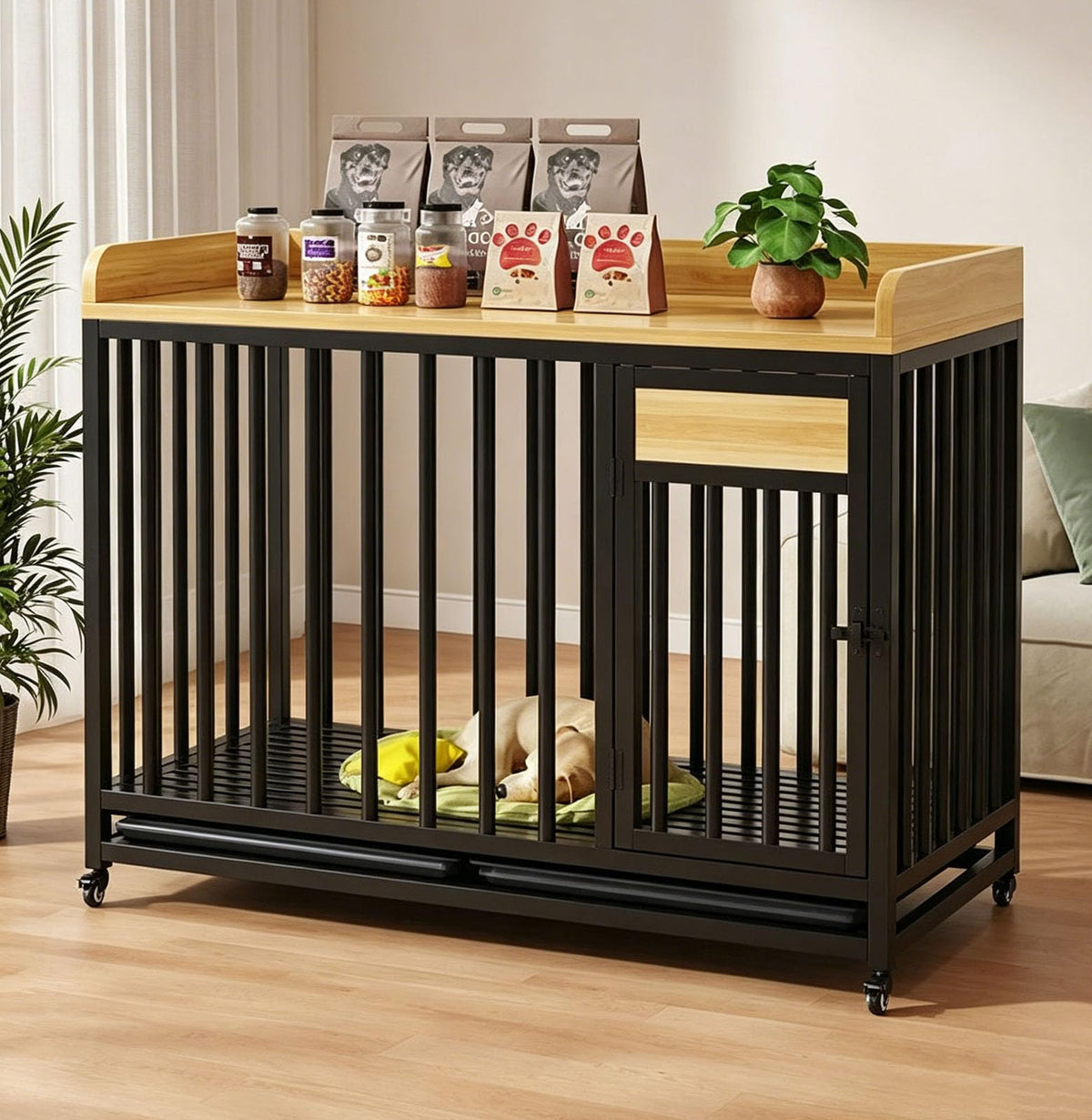 Furniture Pet Cage with Universal Wheels, Indoor Wooden Dog Crate
