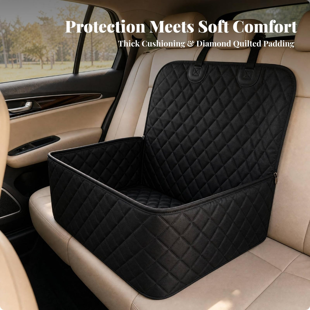 Waterproof Cover with Raised Side Walls and Structured Front Panel Quilted Oxford Cloth Pet Seat Mat with Filling Suitable for Car Travel Medium Sized Dogs