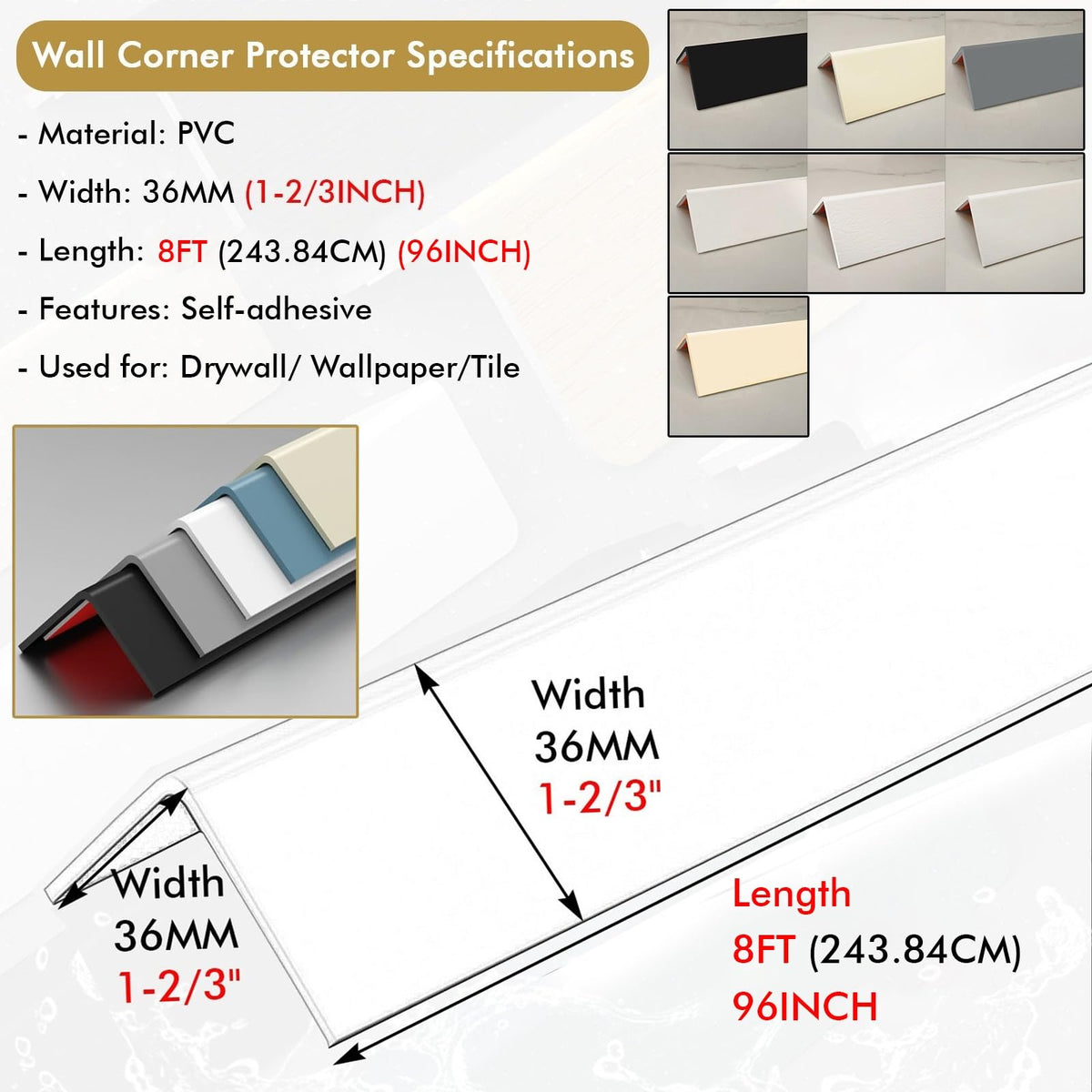Wall Corner Guards Edge Protectors, Self-Adhesive Paintable Bumper for Dog Chewing Damage, Home Office Bedroom Wall Protection