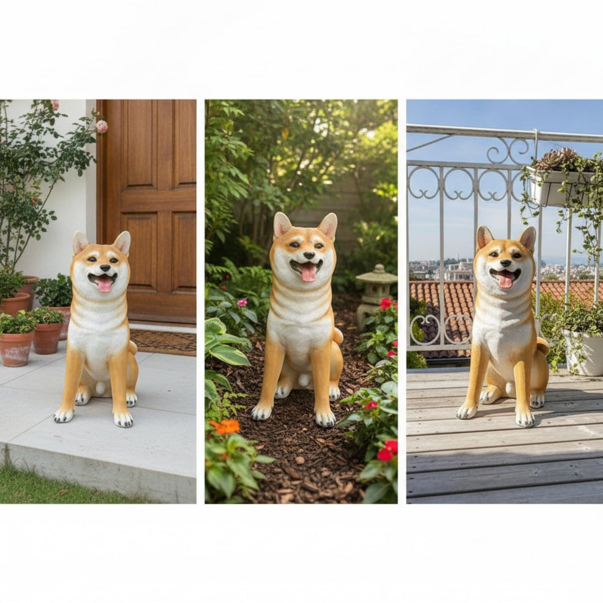 Outdoor Decorative Statue Dog Sculpture Figure Ornament Figurine Featuring Seated Pose in Fiberglass Suitable for Garden, Shiba Inu Statue, Sitting, No Basket, 28cm L X 45cm W X 58cm H